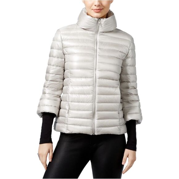 GUESS Women's Catee Down Puffer Jacket size S Silver 3/4 Sleeve Stand Collar - Picture 1 of 10